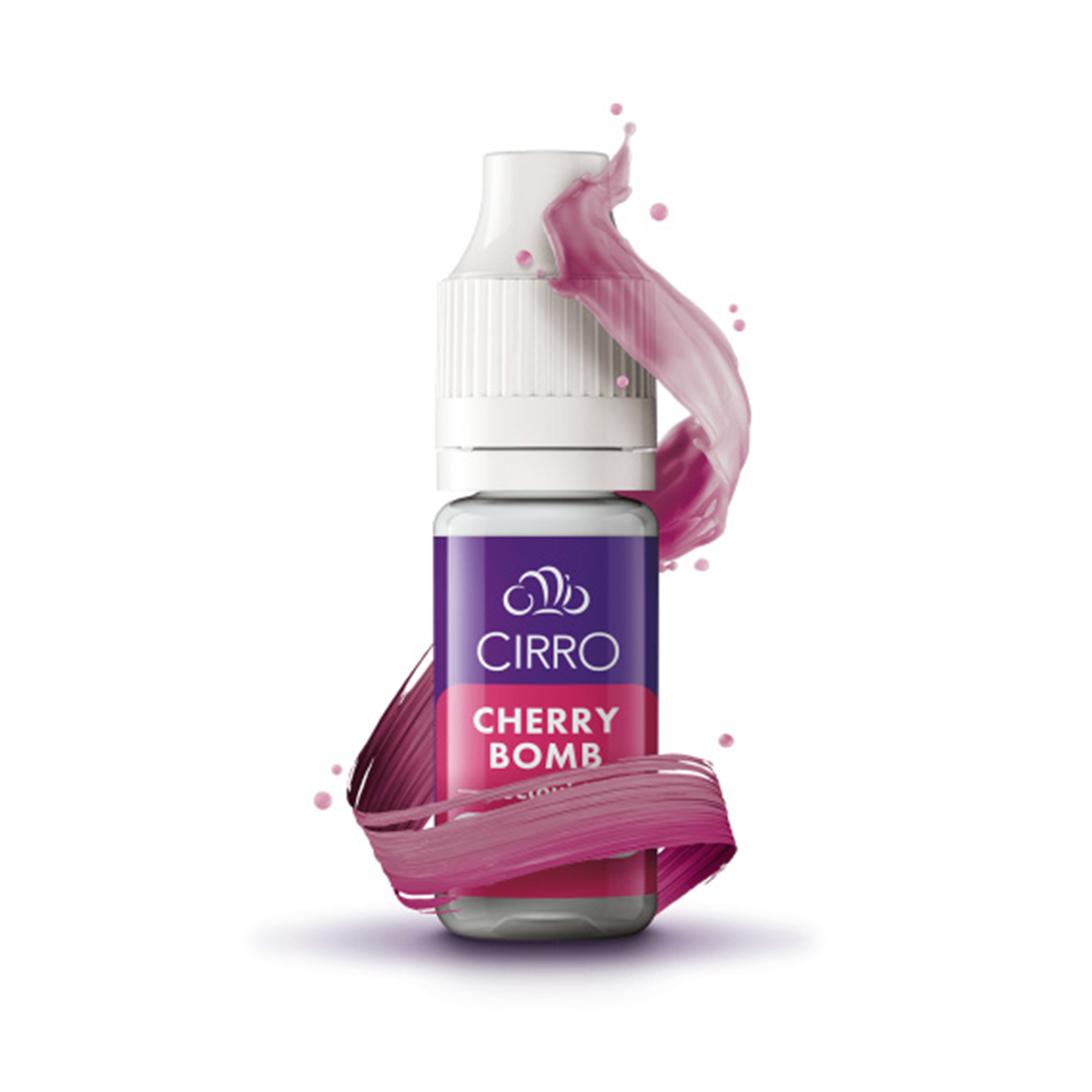 A bottle labeled "CIRRO CHERRY BOMB" stands upright, surrounded by swirling pink liquid, against a white background.