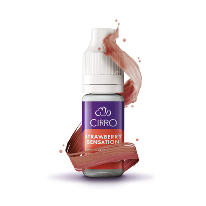 A small bottle labeled "CIRRO STRAWBERRY SENSATION" stands with a splash of red liquid swirling around it, set against a plain white background.