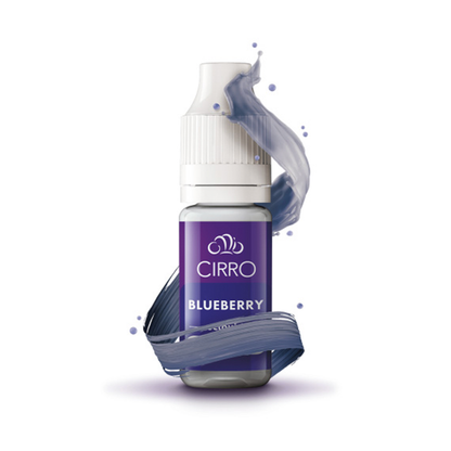 Object: Cyan box of "CIRRO" branded vape e-liquid.
Action: Displaying its front face.
Context: On a white background.
Text: "CIRRO. Blends. E-Liquid. Blueberry. Quality British Made. 50/50. 10ml. Nicotine 0.6% (6mg/ml)".