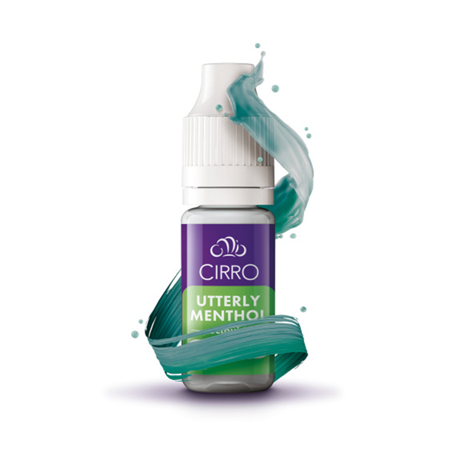 Object: A rectangular bottle of Cirro Utterly Menthol E-Liquid.
Action: Displayed prominently at slight angle with light refracting through it.
Context: White background.
Text: "10 Motives E-liquid, Max VG, Cirro Utterly Menthol Flavour, 50ml, 0mg Nicotine"