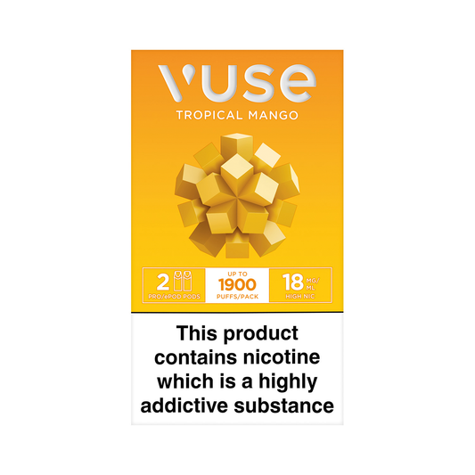 Vuse Tropical Mango package with a geometric mango design; features details: 2 pods, up to 1900 puffs/pack, 18 mg/ml nicotine. Text: "This product contains nicotine which is a highly addictive substance."