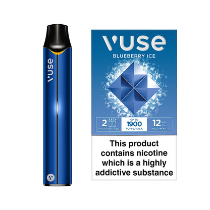 A blueberry ice flavored e-cigarette (object) is standing upright (action) against an icy blue background with highlighted vapors (context). The text reads "Blueberry ice".