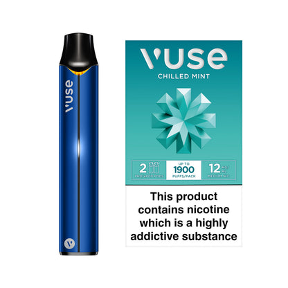 A blue Vuse vape pen stands beside a Chilled Mint flavor package. The package displays "2 pods," "up to 1900 puffs/pack," "12 mg/ml medium nic," and a nicotine warning.