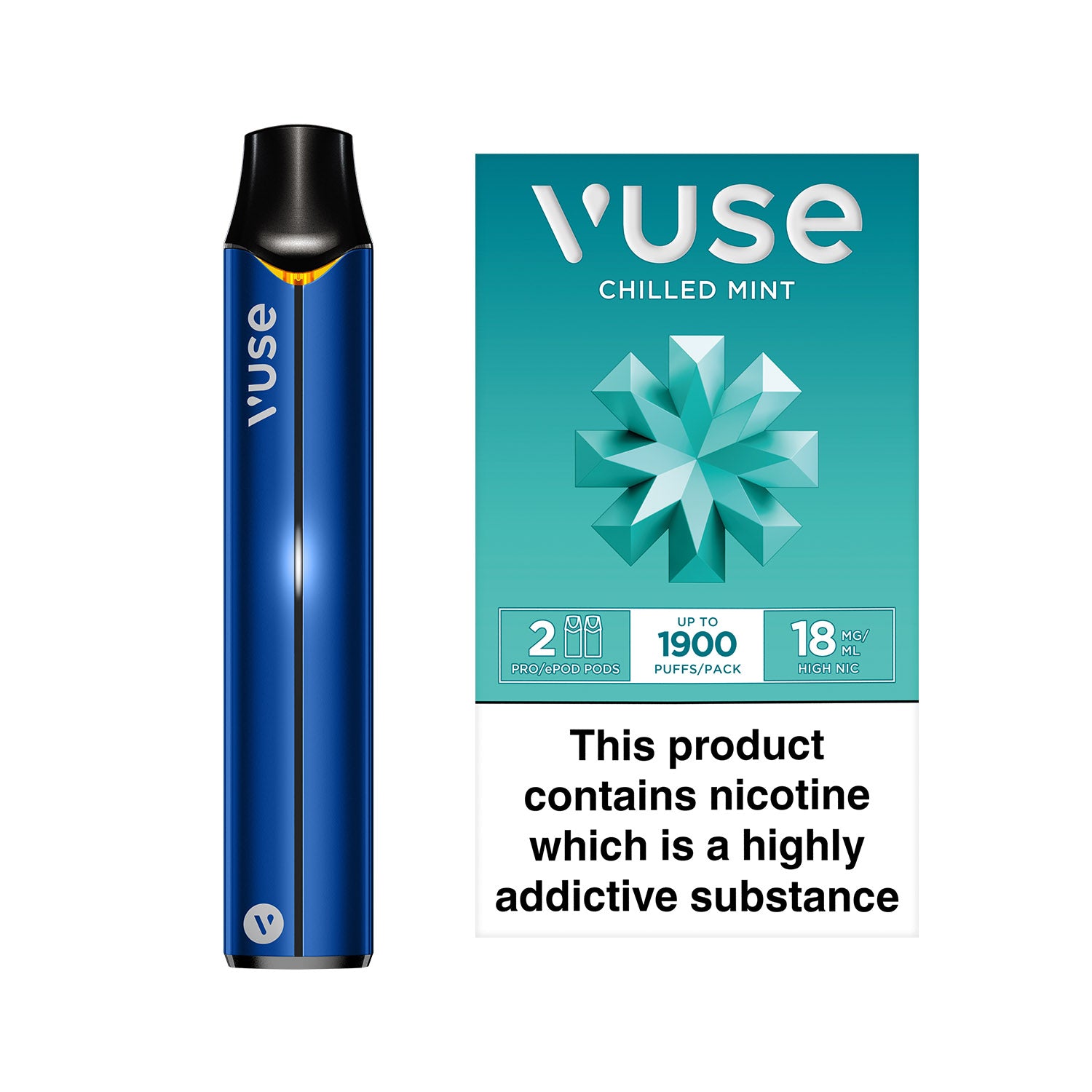 Image features a cylindrical e-cigarette refill named "Chilled Mint" with 18mg nicotine strength against a white background. Text includes "CHILLED MINT 18mg/ml BLUE PACK REGULAR NIC SALTS."