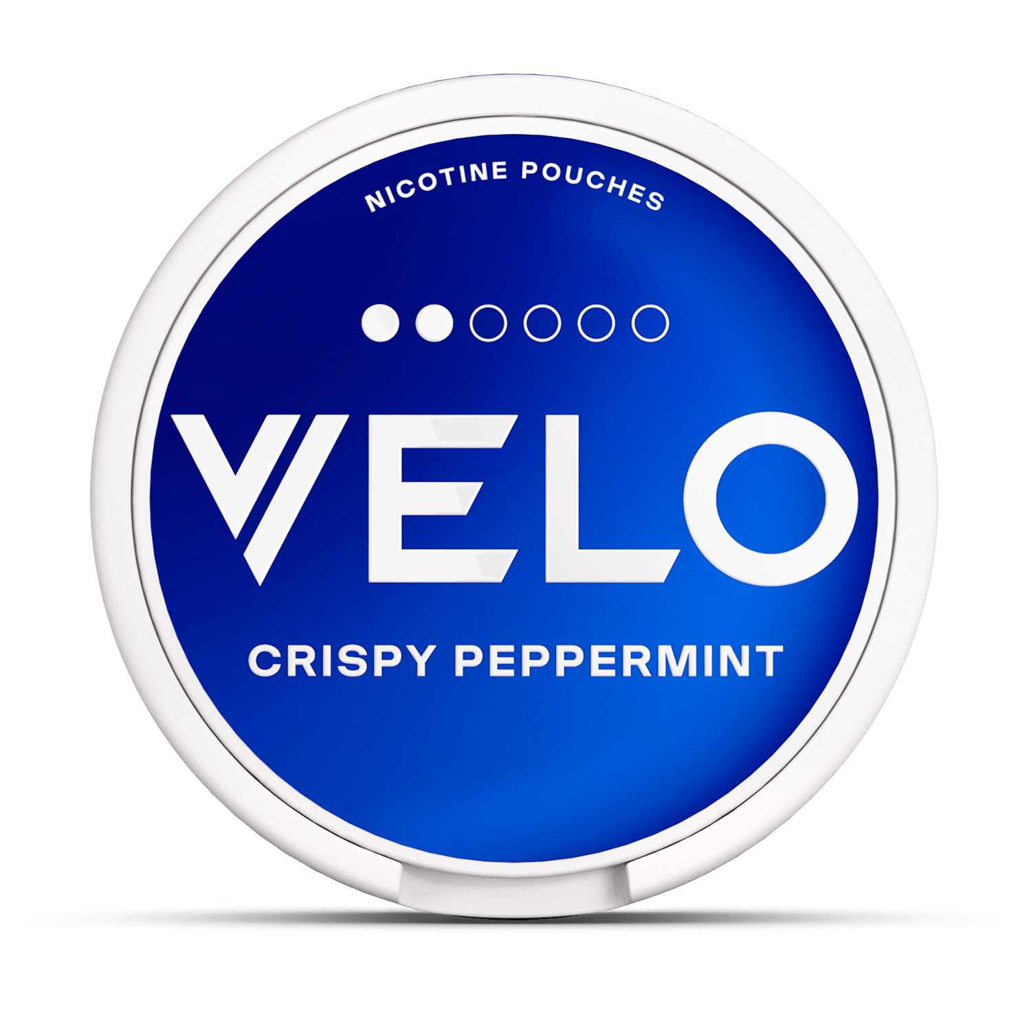 A round container labeled "VELO, CRISPY PEPPERMINT, NICOTINE POUCHES" features a gradient blue design with white text and symbols, designed for storing nicotine pouches.