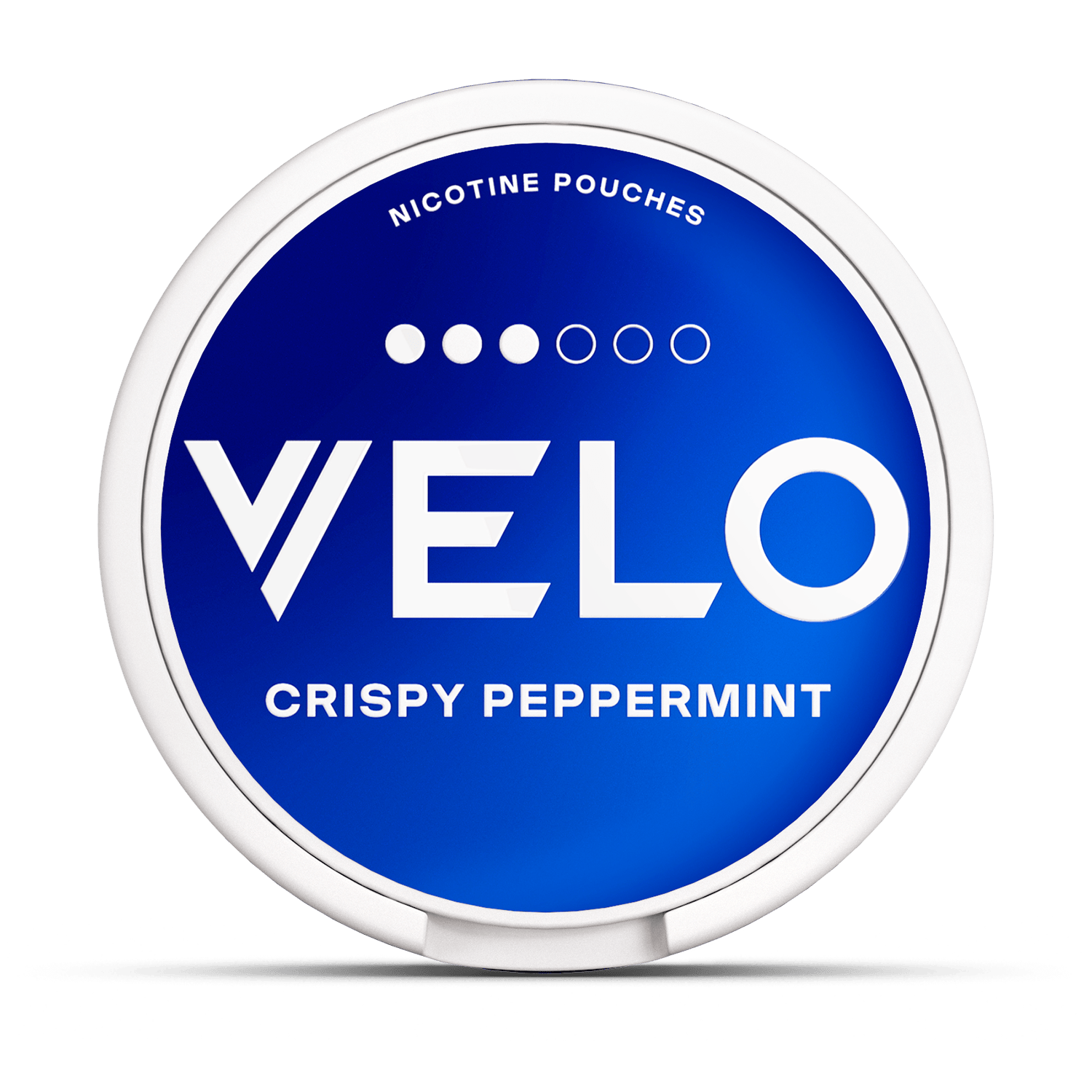 Round tin labeled "VELO Crispy Peppermint," featuring a white border and blue background. Text includes "NICOTINE POUCHES" with circular design elements.