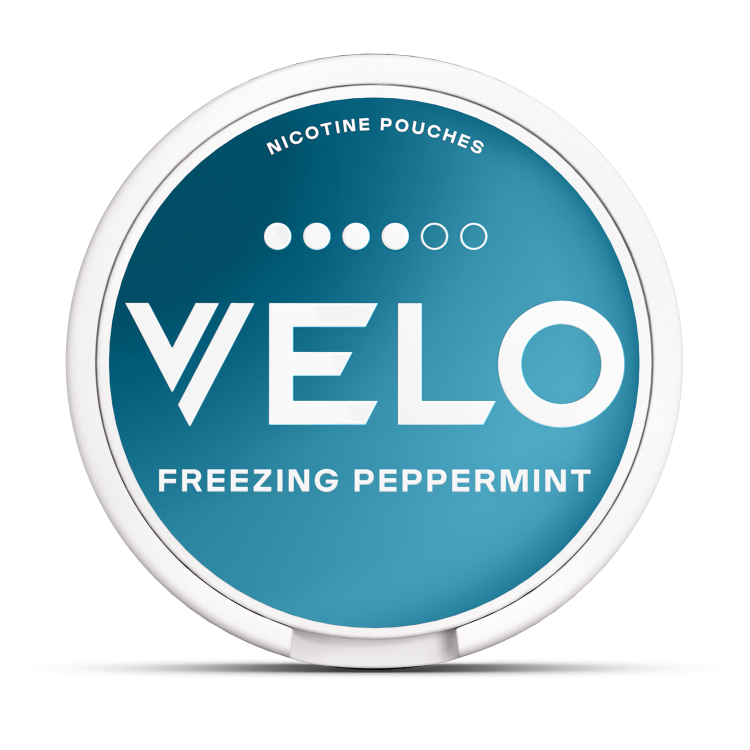 A round, white container labeled "VELO FREEZING PEPPERMINT" with "NICOTINE POUCHES" in smaller text. The background is a gradient blue, suggesting a refreshing product.