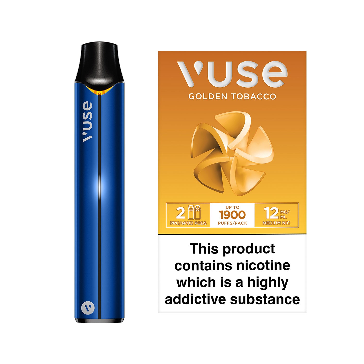 The image displays a 10 Motives brand electronic cigarette refill in a "Golden Tobacco" flavor with 12MG nicotine strength in a plastic case, with a blue band prominently emphasizing "12MG Nicotine".