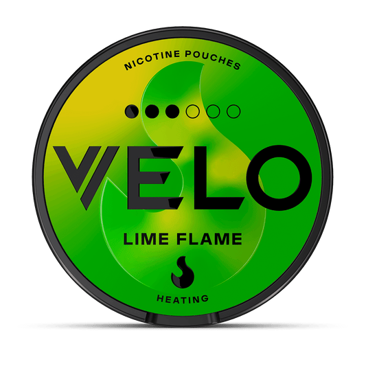 A circular container displays "VELO" prominently with "LIME FLAME" beneath, set against a gradient green and yellow background. Additional text reads "NICOTINE POUCHES" and "HEATING."