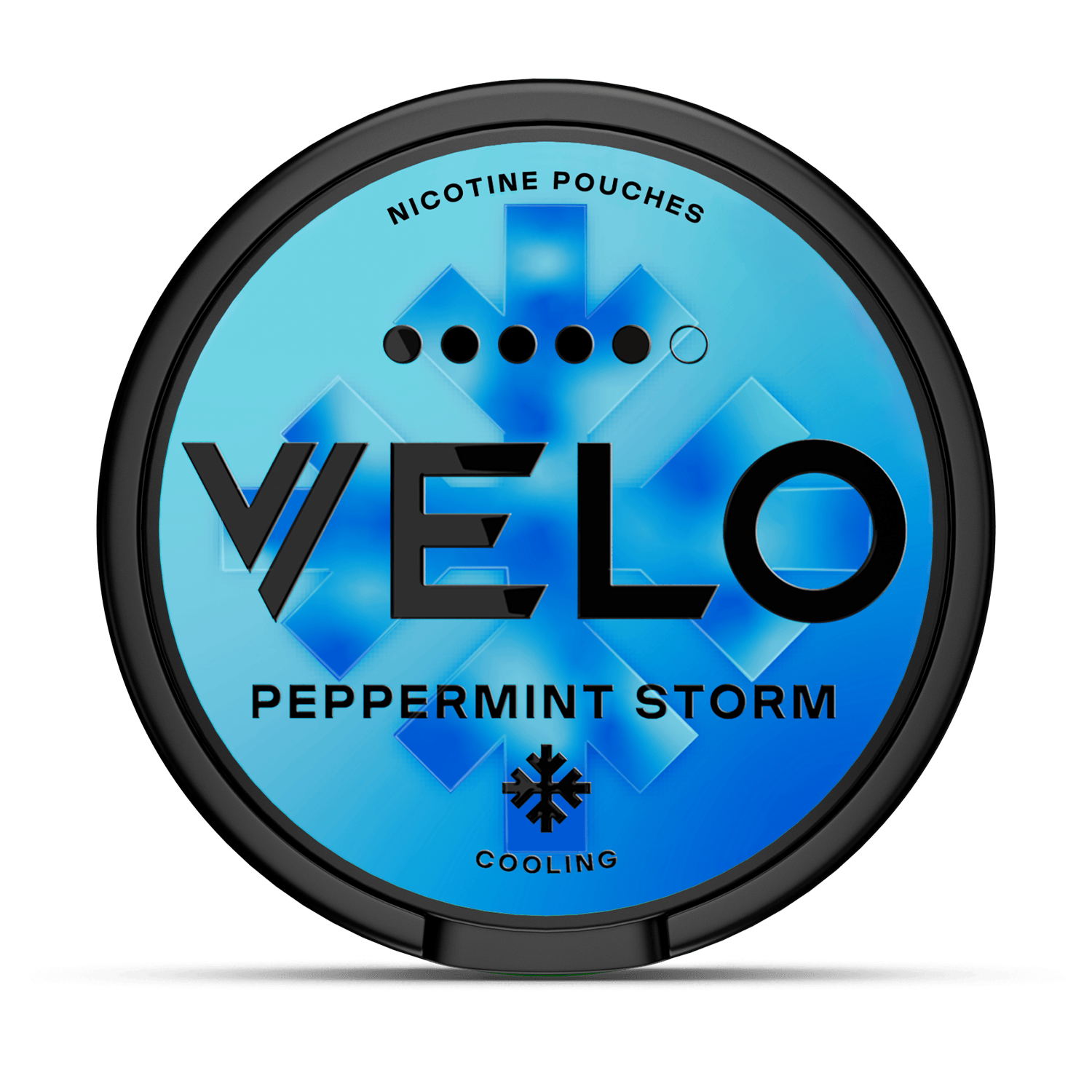 A round, blue container labeled “NICOTINE POUCHES VELO PEPPERMINT STORM,” features a cooling symbol and a stylized ice design, suggesting a refreshing mint flavor theme.