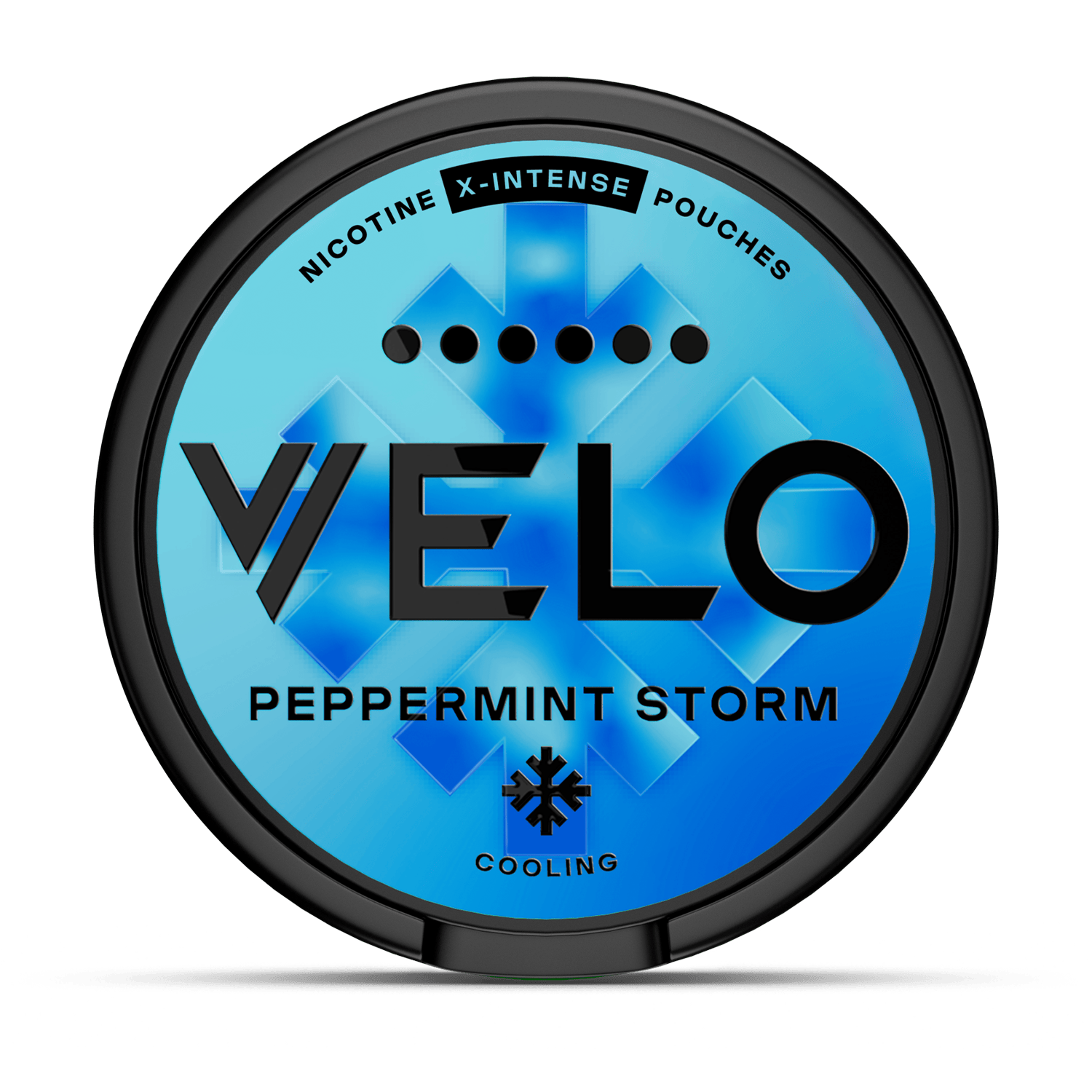 A circular container displays "VELO PEPPERMINT STORM" with a blue X background. Text reads "NICOTINE X-INTENSE POUCHES" and "COOLING." The design features cooling symbols, emphasizing a peppermint theme.