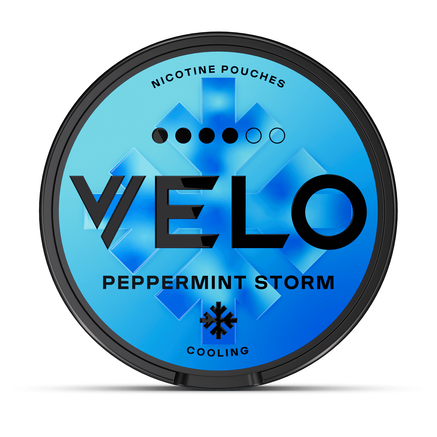 A circular tin labeled "VELO Peppermint Storm" contains nicotine pouches. The design features a blue icy background, an arrow symbol, and the word "COOLING." Five circles indicate flavor intensity.