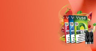 Three colorful Vuse vape packages with fruit illustrations stand against an orange background. Text: "This product contains nicotine which is a highly addictive substance." Two black vape pods are nearby.