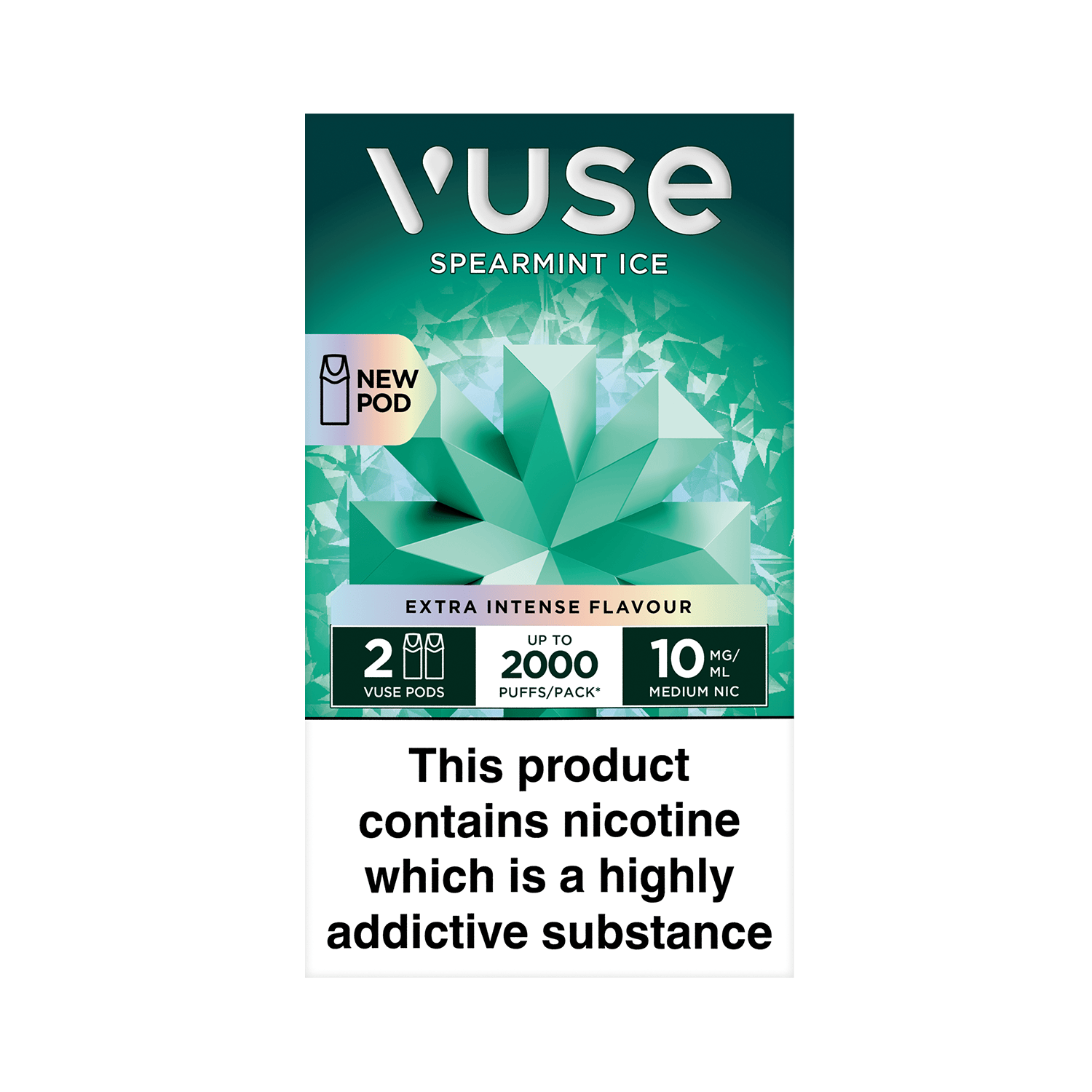 A Vuse Spearmint Ice e-cigarette package features a geometric mint design, promoting "Extra Intense Flavour." Includes 2 pods, 2000 puffs/pack, 10 mg/ml nicotine. Warning: "This product contains nicotine which is a highly addictive substance."