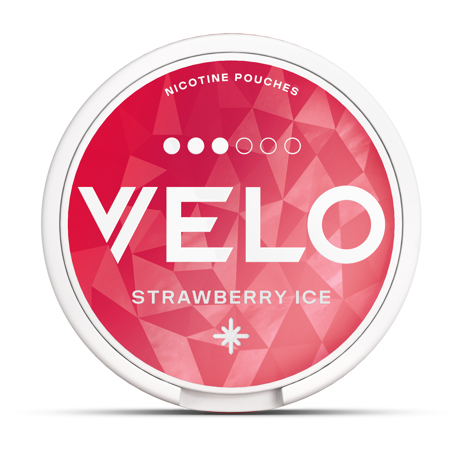 A round container labeled "VELO" in white letters on a pink geometric background, features the text "NICOTINE POUCHES" and "STRAWBERRY ICE" above and below the logo, respectively.