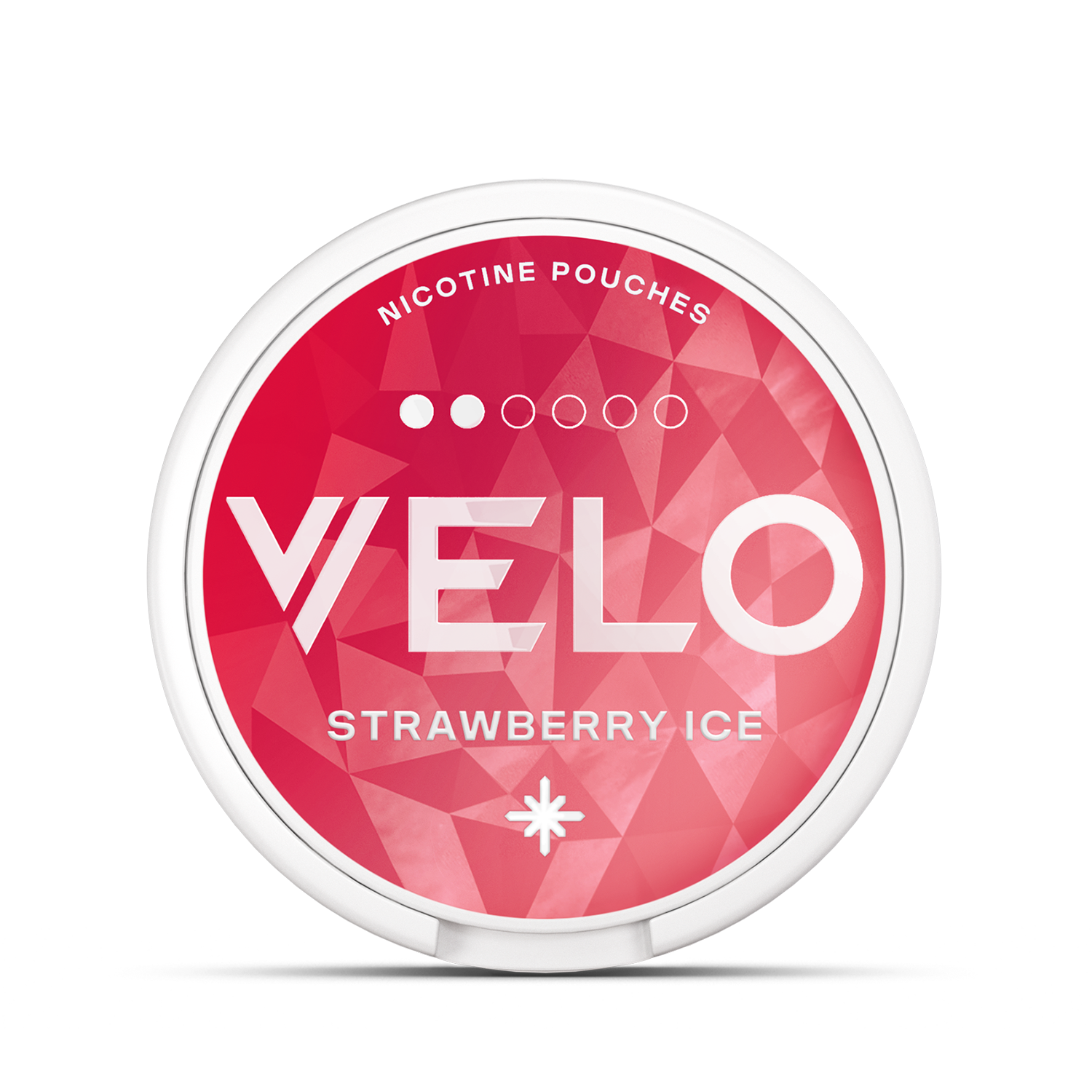 A round container labeled "VELO" with text "NICOTINE POUCHES" and "STRAWBERRY ICE" displays a geometric pink background pattern.