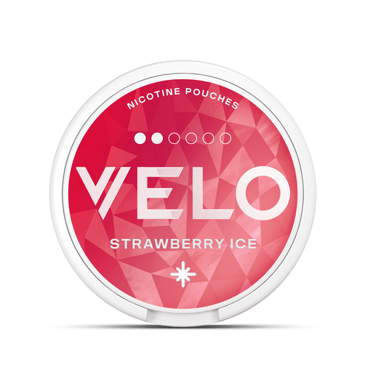 A round container labeled "VELO" with text "NICOTINE POUCHES" and "STRAWBERRY ICE" displays a geometric pink background pattern.