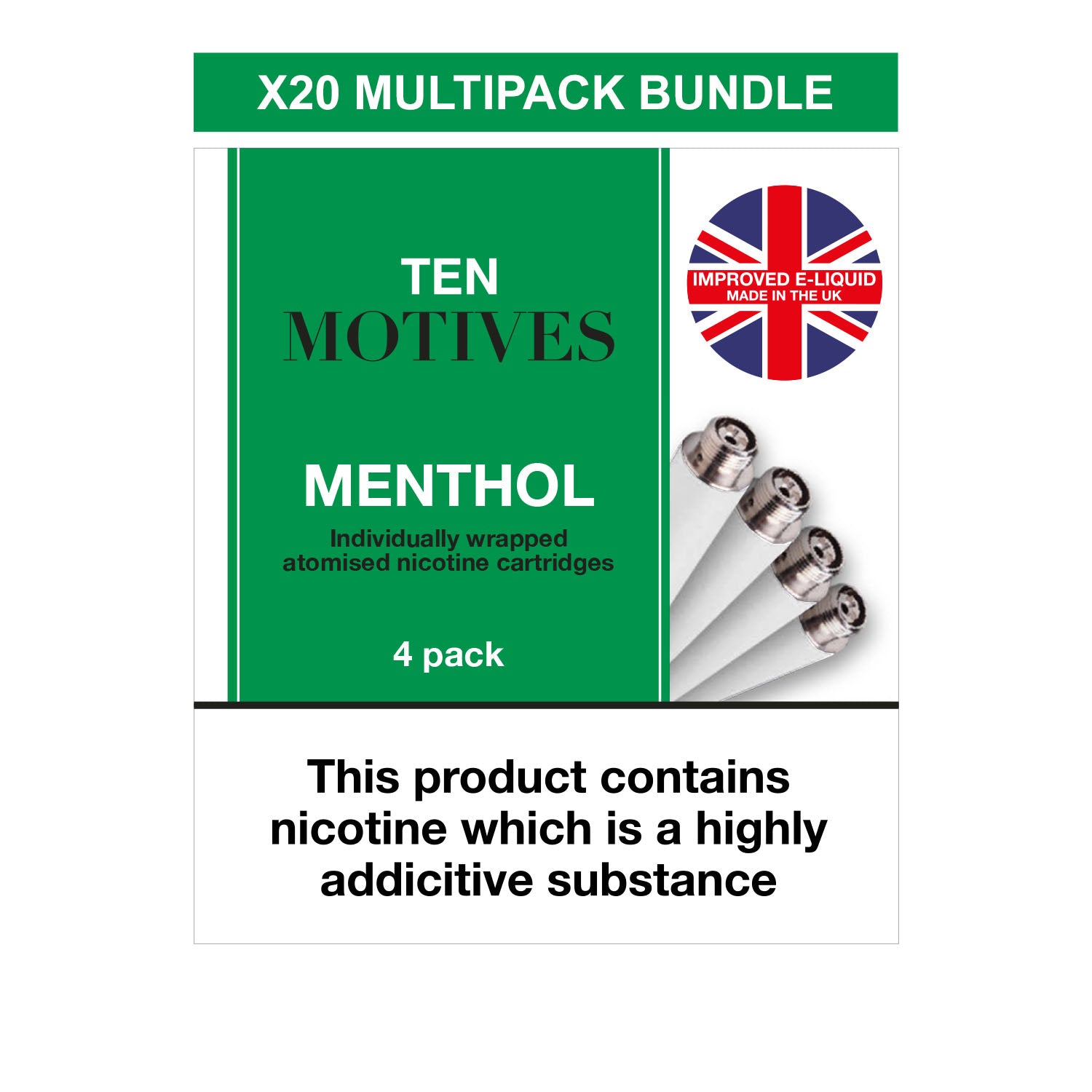 Package displaying "TEN MOTIVES MENTHOL" text, featuring individually wrapped nicotine cartridges. Contains a UK flag emblem with "IMPROVED E-LIQUID MADE IN THE UK." Warning: "This product contains nicotine which is a highly addictive substance."