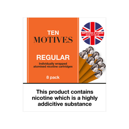 Package displaying "TEN MOTIVES" regular, individually wrapped atomised nicotine cartridges in an 8 pack. Features UK flag with "IMPROVED E-LIQUID MADE IN THE UK." Warning: "This product contains nicotine which is a highly addictive substance."