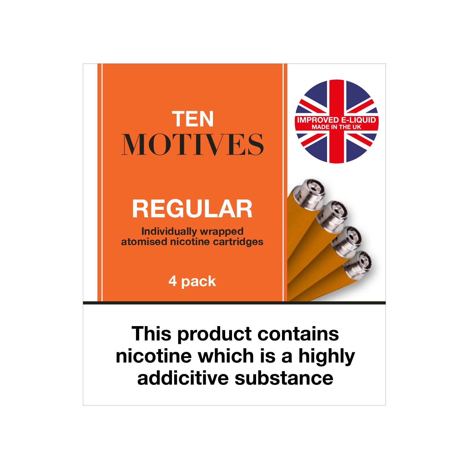 A package of "TEN MOTIVES" regular nicotine cartridges, featuring four individually wrapped cartridges. Includes a UK flag logo and warning: "This product contains nicotine which is a highly addictive substance."