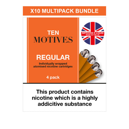 A package of "Ten Motives" regular nicotine cartridges, marked as a 4-pack. Text indicates "X10 Multipack Bundle" with a UK flag logo. Contains nicotine warning: "This product contains nicotine which is a highly addictive substance."