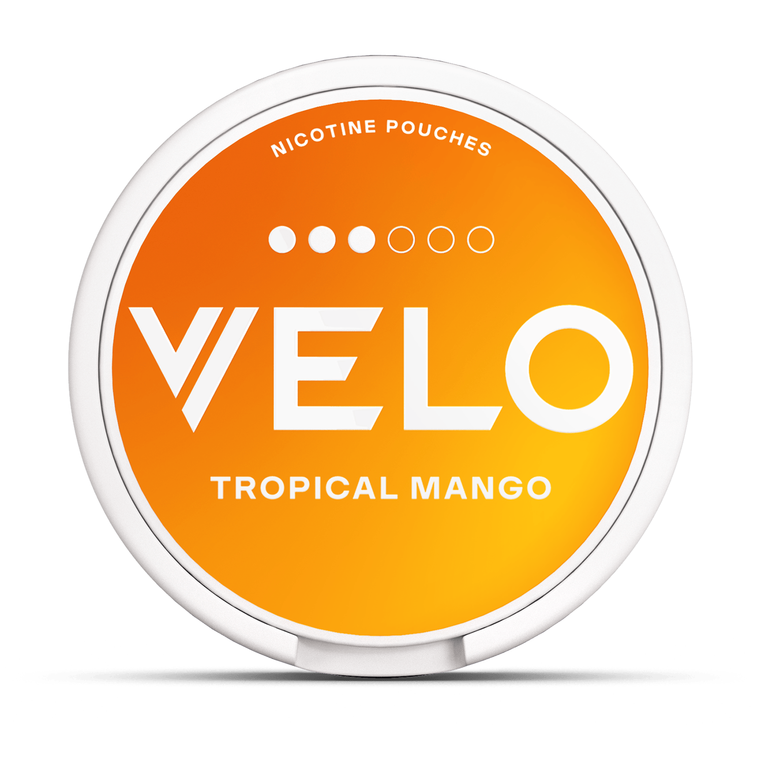 A round orange tin labeled "VELO TROPICAL MANGO," with smaller text "NICOTINE POUCHES" and four circles indicating flavor intensity. It rests on a flat surface.