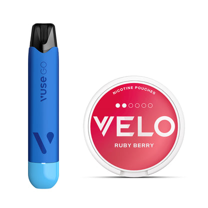 Vuse GO 1000 Reload Pen Blue Raspberry 20MG & VELO Ruby Berry Mini 6MG Bundle