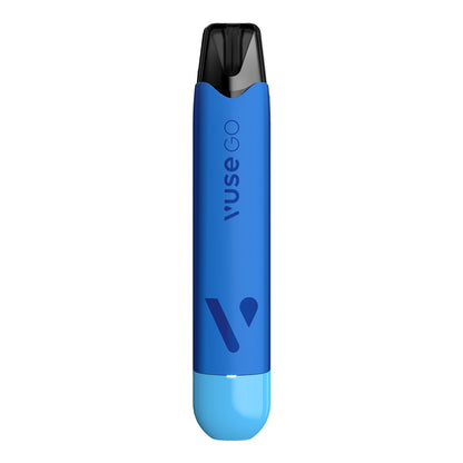 A Vuse GO Reload Electronic Cigarette (object) is displayed (action). The device is dark blue, features the logo "Vuse", and is blueberry-raspberry flavored, packaging details serve as context.