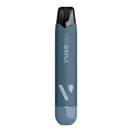 A blue cylindrical vape pen labeled "Vuse GO" stands upright on a white background, featuring a black mouthpiece and sleek design accents.