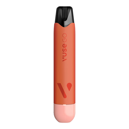 A sleek, orange vaping device with a black mouthpiece and rounded bottom. The text "Vuse GO" is vertically printed on the side.