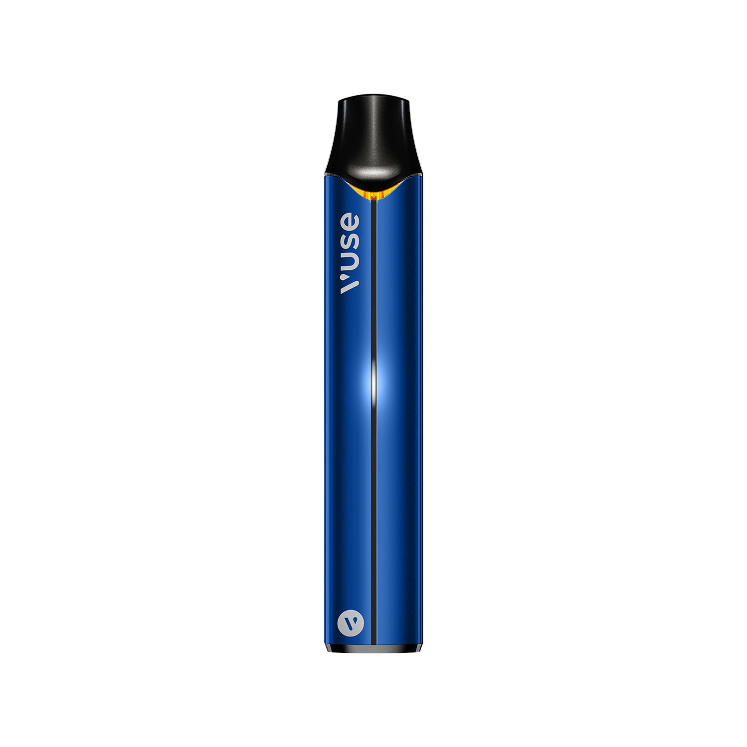 A sleek blue vape pen with the text "VUSE" written vertically, features a black mouthpiece and an illuminated edge, set against a plain white background.