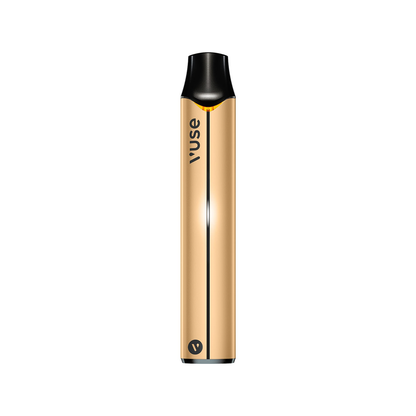 Gold-colored vape pen with a black mouthpiece, labeled "Vuse" vertically, set against a plain white background.