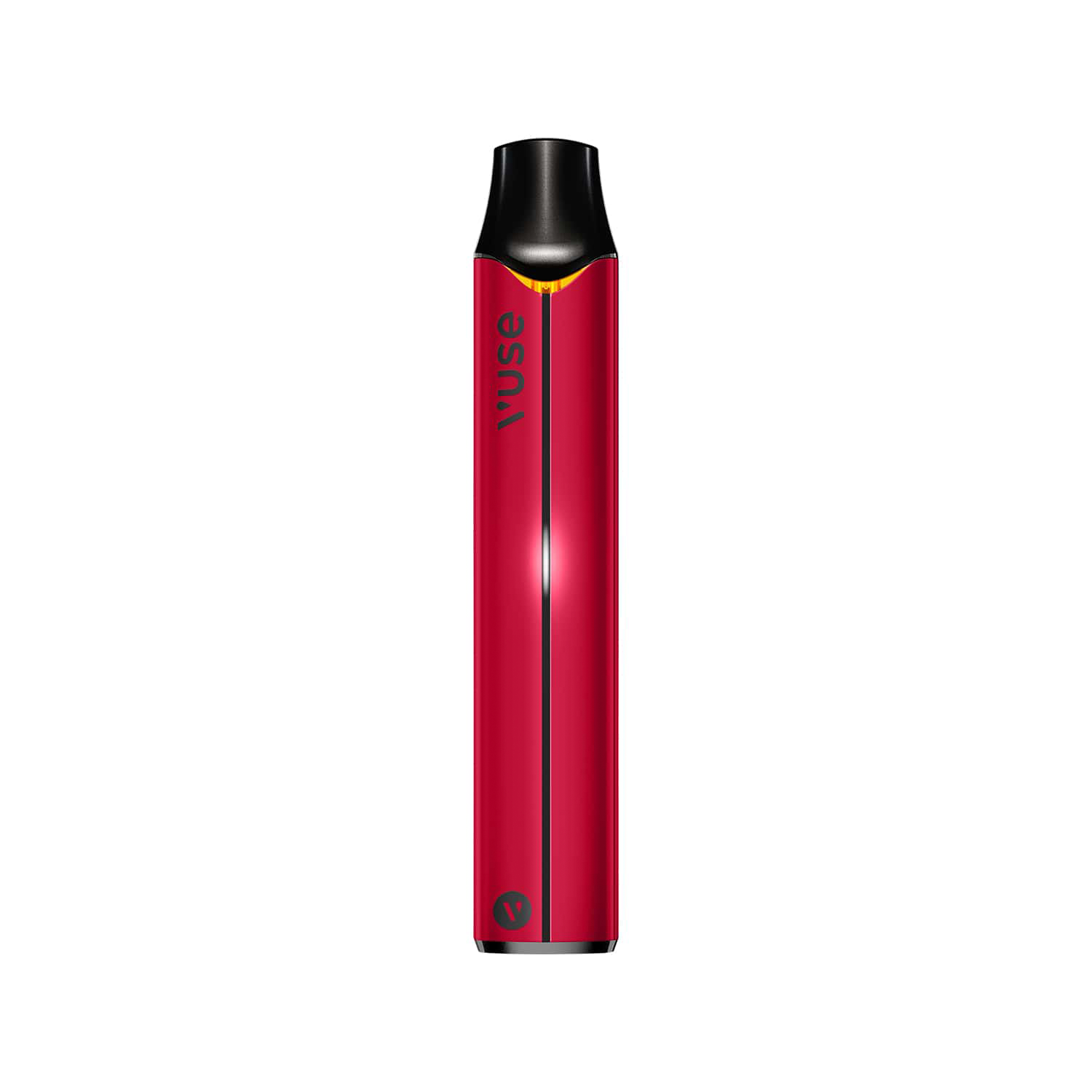 A red vaping device stands upright against a white background, featuring black mouthpiece and silver base. The text "VUSE" is written vertically near the top.