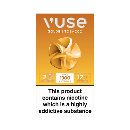 Packaging for Vuse Golden Tobacco e-cigarette pods features a stylized fan design. Text reads: "2 Pro ePod Pods", "Up to 1900 Puffs/Pack", "12 mg/ml Medium Nic", and "This product contains nicotine, which is a highly addictive substance."