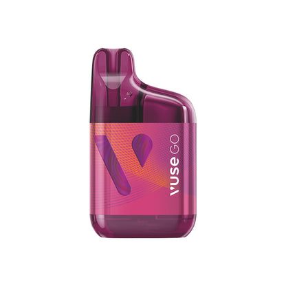 Purple vape device with a compact, rectangular body and a rounded top. Patterned purple and orange label with large "V" design. Text reads: "Vuse GO". White background.