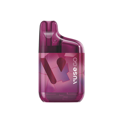 A pink, compact vape device featuring geometric patterns, stands upright against a white background. Text reads "Vuse Go" along the side, with a prominent V design below it.