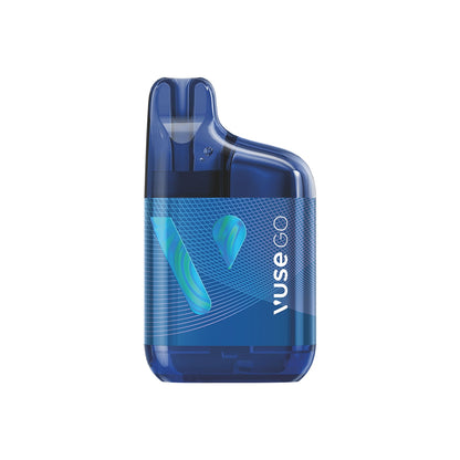 A blue, compact vaping device with two mouthpiece slots rests upright. Emblazoned with "Vuse GO," it features abstract turquoise graphics on a sleek backdrop.