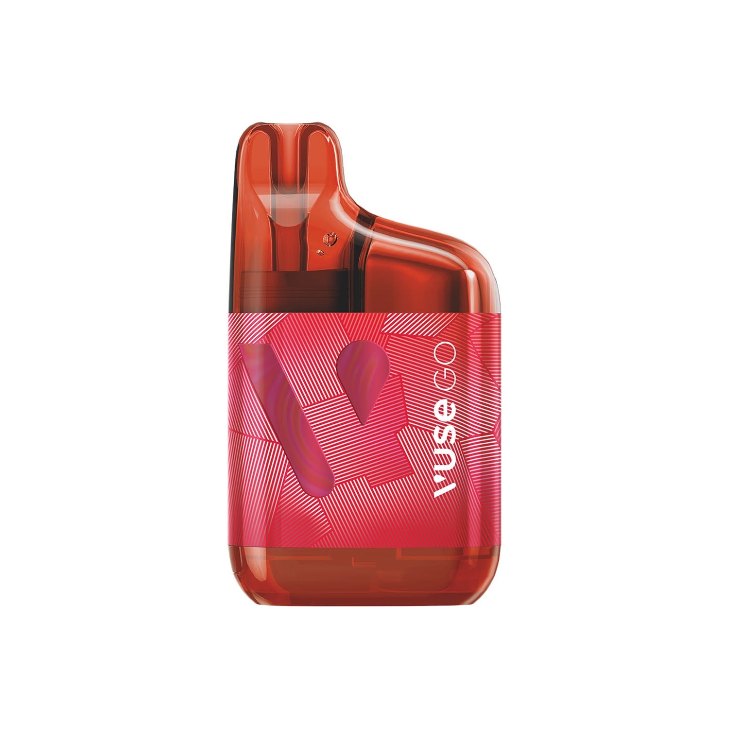 The image displays a Vuse ePod "strawberry ice" flavored vape device in red and white packaging, with cartoonish strawberry and frost illustrations. Text reads: "ePod by VUSE, vape device and Vuse pods not included."