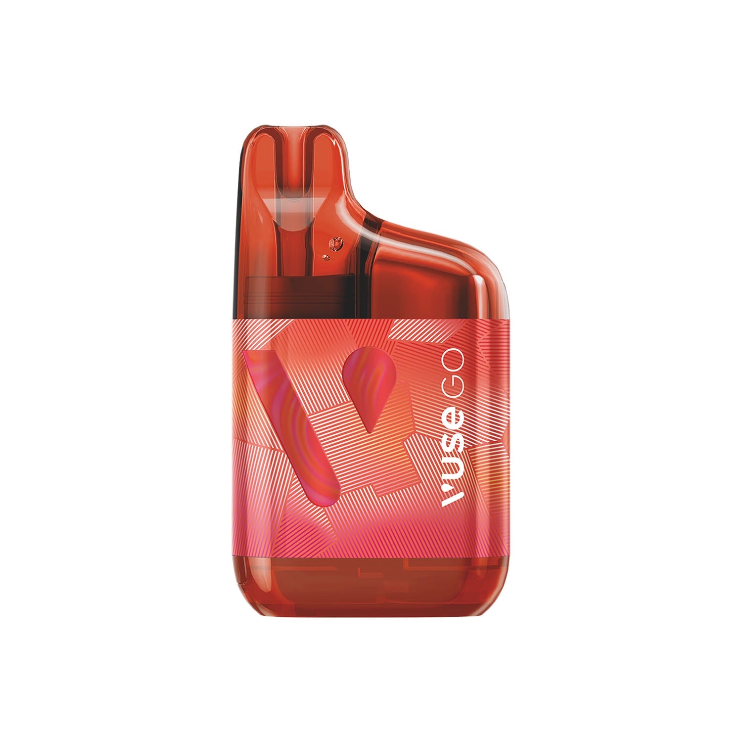 A red-and-orange vape device with an abstract design; marked with "Vuse GO" in white text, featuring a contoured mouthpiece.