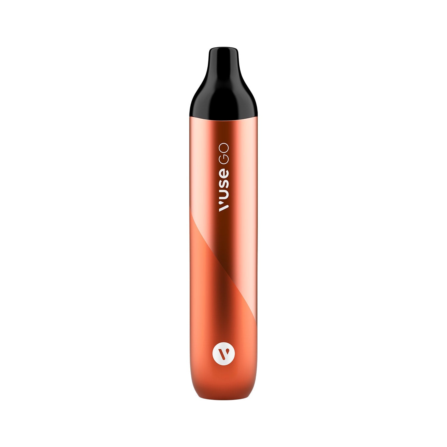 A sleek, orange disposable vape pen labeled "Vuse GO" stands upright against a white background.