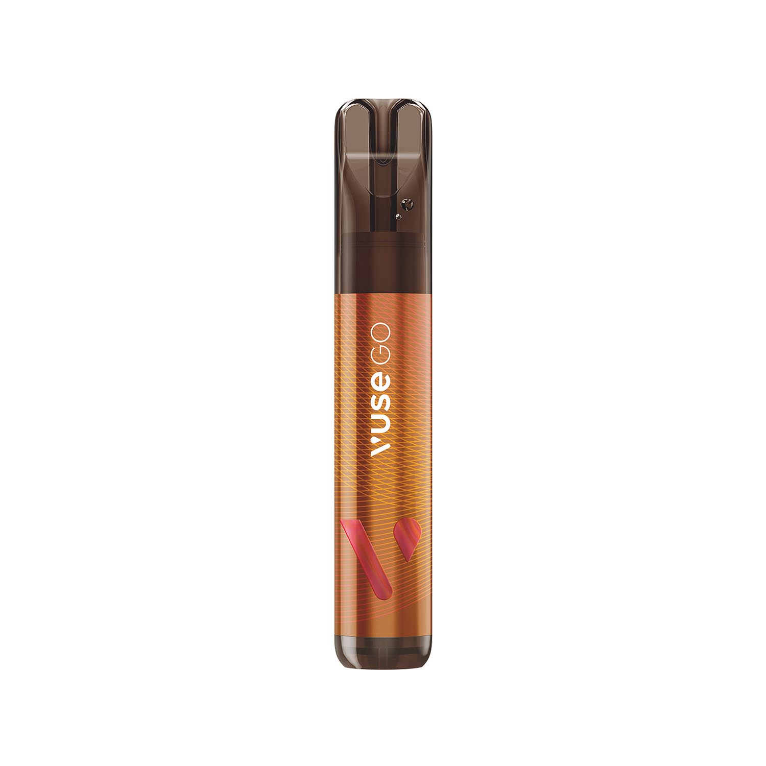 A cylindrical vape pen labeled "Vuse GO," featuring a textured orange design with a dark, translucent mouthpiece, set against a plain white background.