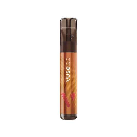 A cylindrical vape pen stands upright. Text reads "VUSE GO" on an orange, textured body. The background is plain white.