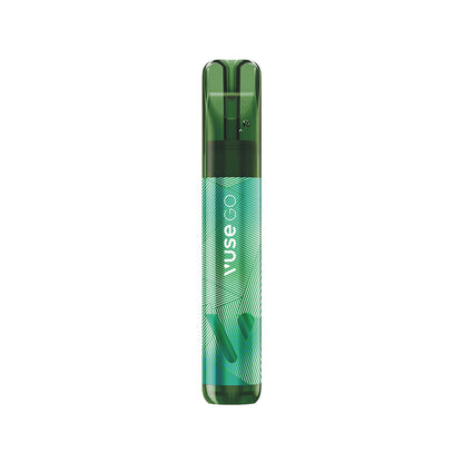 Green vape pen stands upright featuring striped design and "VUSE GO" text, set against a plain white background.