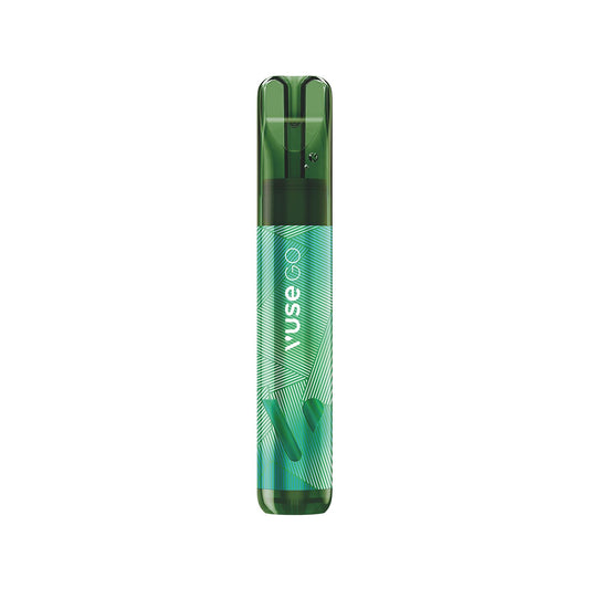 A sleek, green vape pen with "VUSE GO" text, standing upright against a white background. The pen features abstract geometric designs, creating a modern and stylish appearance.