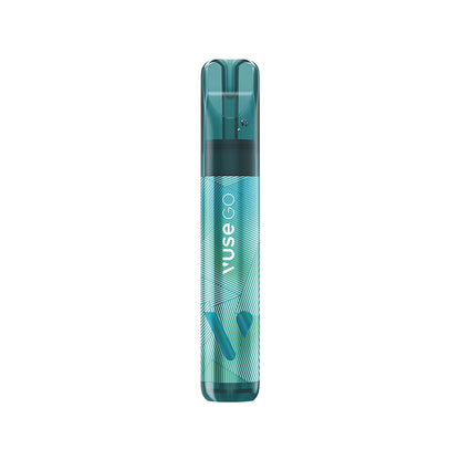 Turquoise vaping device stands upright, displaying the text "VUSE GO" with a geometric pattern, set against a plain white background.