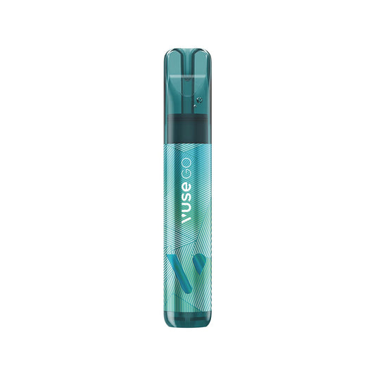 A teal vaping device stands upright, featuring the text "VUSE GO" on a patterned cylindrical body against a plain white background.