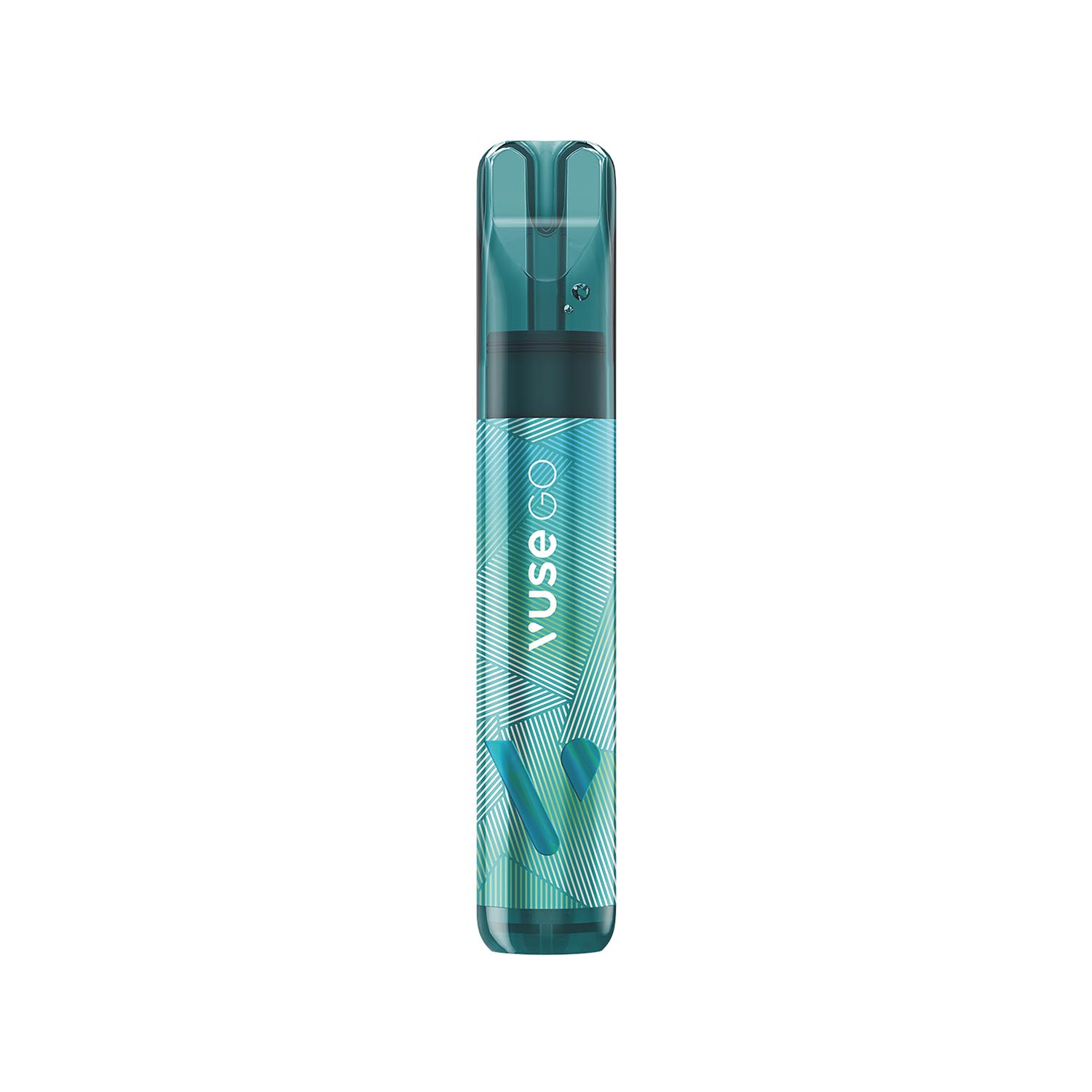 A teal vape pen labeled "Vuse Go" stands upright, featuring geometric patterns and set against a plain white background.