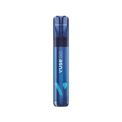 The object is a vibrant blue "Vuse ePod" vape device with a cartridge labeled as "Blue Raspberry" flavor. Action involves product display. Image context is a promotional product photograph. The text reads: "Vuse, Blue Raspberry, vPro Nicotine Salts eliquid".