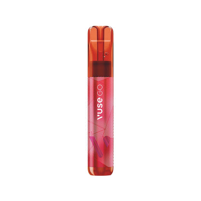 A red vape pen stands upright, featuring a modern design with diagonal lines. The text "VUSE GO" is printed vertically along its side. The background is plain white.