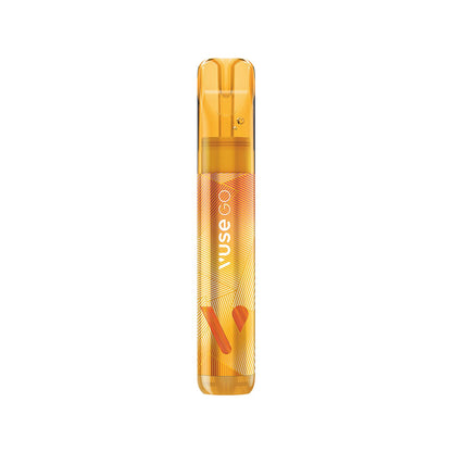 A slim, cylindrical vape pen with an orange and yellow gradient design. The text "VUSE GO" is printed vertically along its body. It is set against a plain white background.